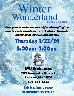 Blue event flyer with penguin and snowflakes